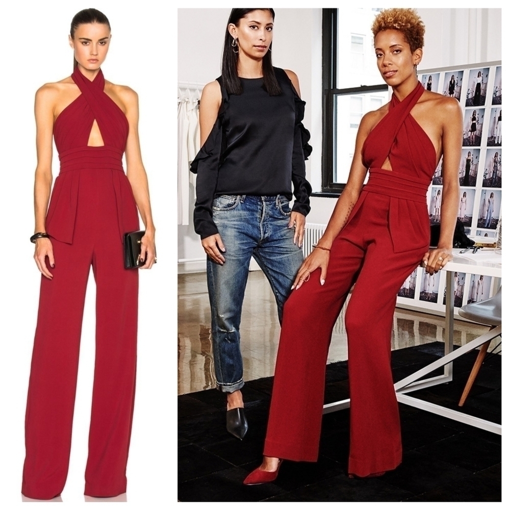 CUSHNIE ET OCHS x FWRD Jacqueline Halter Neck Deep Ruby Red Jumpsuit Size XS